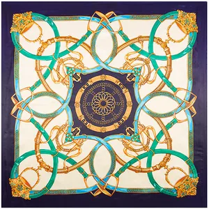 European luxury silk scarf featuring equestrian chain patterns and gold buckle design