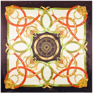 Detail of square silk scarf featuring European harness patterns and golden chain motifs