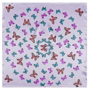 Elegante foulard quadrato viola in raso con farfalle colorate, 60cm, effetto seta