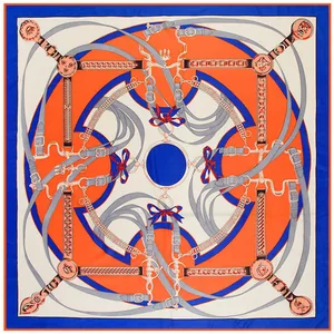 French style 130cm square silk scarf with bridle and horse harness print in orange and blue