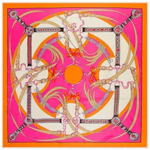 Flat lay of a large silk square scarf featuring orange and pink equestrian belt patterns