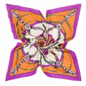 Elegant 130cm silk twill square scarf with equestrian belt and chain print in purple