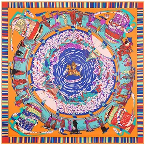 Luxurious 130cm square silk scarf with Tibetan art motif and winged horse on orange base