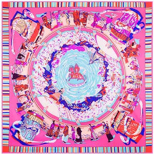 Artistic square silk scarf with Tibetan motifs and vibrant magenta horse print design