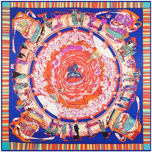 Silk-textured square scarf featuring traditional Tibetan art and winged horse motif