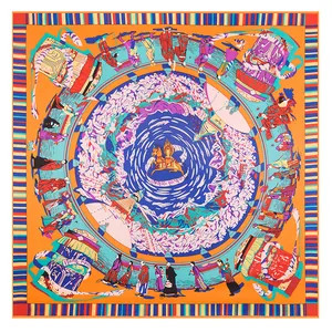 Detailed pattern of ethnic silk square scarf with horse and figure illustration