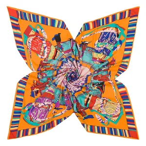 Ethnic style orange silk scarf with folk art patterns and colorful striped borders