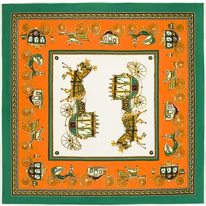 Klassisches Seidentuch mit Kutschen-Print in Orange und Grün im quadratischen Design