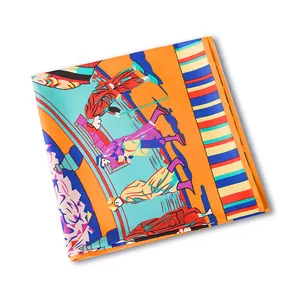 Detail of artistic illustration silk scarf featuring colorful figures and orange borders