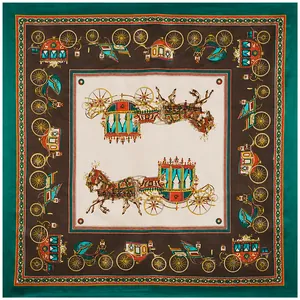 Classic 90cm square silk scarf featuring a vintage green horse-drawn carriage pattern