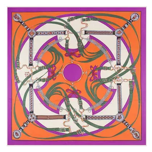 Detailed pattern of silk scarf with equestrian horse bit and belt prints in vibrant colors