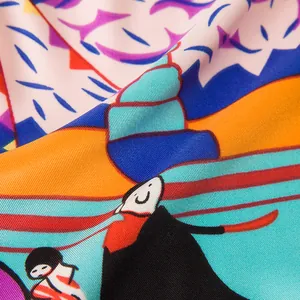 Close-up of vibrant twill silk scarf showing intricate abstract print and fabric texture
