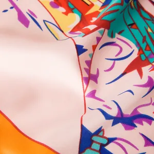 Macro shot of silk texture and vibrant fashion illustration print on large square scarf
