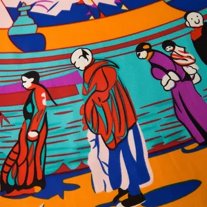 Detail of silk scarf with ethnic illustration featuring snowy mountains and folk figures