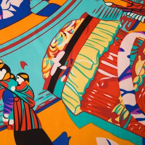 Macro shot of ethnic illustration print on a 130cm square silk scarf with vibrant colors
