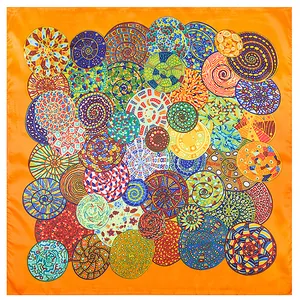 Vibrant orange silk square scarf 60x60cm with bohemian spiral patterns and satin finish
