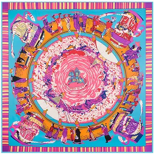 Artistic square silk scarf 130x130cm with mystical winged horse and cultural pilgrims
