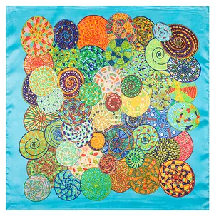 60x60cm blue square silk scarf featuring colorful bohemian spiral patterns on plain fabric