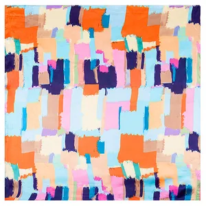 Silk-like 60x60cm square scarf with vibrant geometric color-blocking abstract art pattern