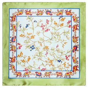 60x60cm square faux silk scarf with exotic elephant and floral print in vibrant green