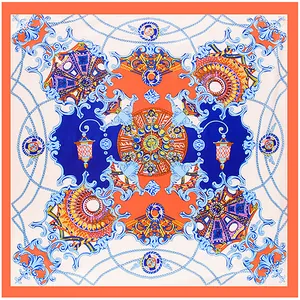 Carré de soie baroque élégant en orange et bleu marine avec des motifs de palais royaux