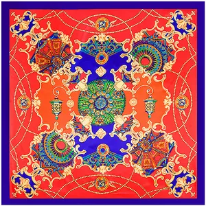 Carré de soie rouge et bleu roi avec motifs baroques dorés et design mandala