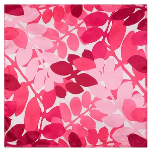 Silk-like satin square scarf featuring abstract pink and purple leaf patterns on white background