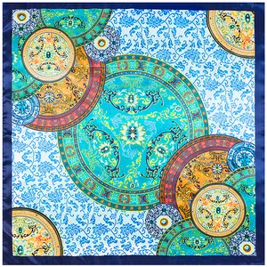 Blue and white porcelain style 90x90cm square silk scarf with floral pattern