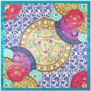 Blue porcelain floral 90cm square silk scarf with teal border and elegant patterns