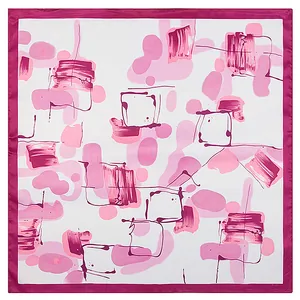 Abstract ink painting silk scarf 60x60cm with magenta borders and modern artistic design