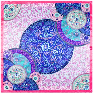 Blue floral porcelain pattern 90cm square silk scarf with vibrant pink border and mandala prints