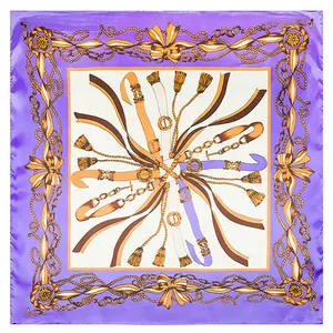 Elegant 60cm square silk scarf with purple border and vintage chain ribbon patterns