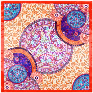 Detailed pattern of blue porcelain square silk scarf with vintage floral motifs and red border