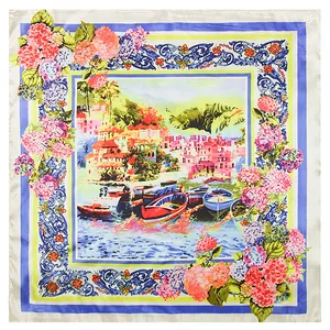 60cm Square silk scarf with Mediterranean oil painting and floral patterns