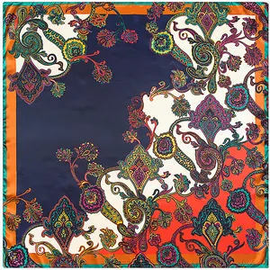 Bohemian paisley silk scarf with 90x90cm floral print in navy blue and orange