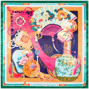 Luxurious Chinese style blue silk square scarf with peony and knot patterns 90x90cm