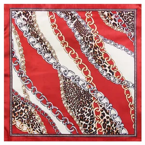 60x60cm leopard print silk scarf with chain pattern and elegant red border design
