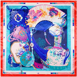 Detailed pattern of silk scarf featuring Chinese knots, peony flowers and calligraphy