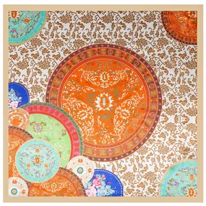 Blue and white porcelain style 90x90cm square silk scarf with floral medallion patterns