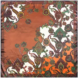 Detailed view of bohemian paisley print on glossy 90cm square silk satin scarf