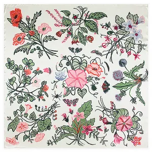 90cm silk-like square scarf with artistic hand-painted floral and insect patterns