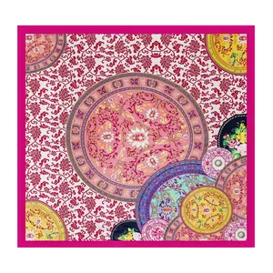 Blue and white porcelain style silk scarf with magenta borders and floral patterns