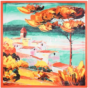 Silk square scarf featuring vibrant oil painting of European architecture and trees