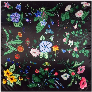 Black silk square scarf with colorful floral and butterfly print in vintage art style