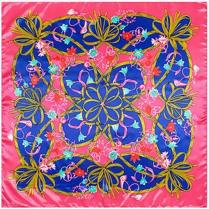 90cm square silk scarf featuring bright pink border and floral bow pattern on navy base
