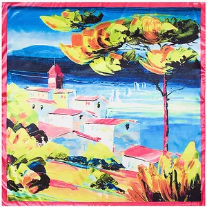 Close-up of square silk scarf with Impressionist oil painting architecture and pink border