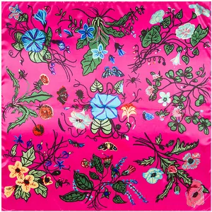 90cm silk square scarf with vibrant morning glory floral and insect patterns in magenta