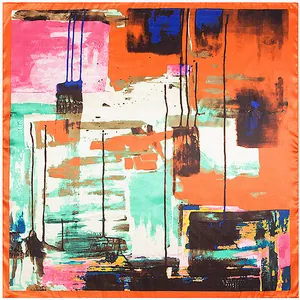 Carré de soie 90x90cm avec imprimé abstrait de peinture à l'huile vibrante et bordure orange