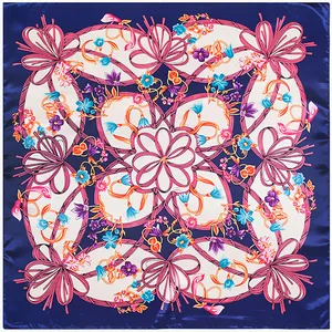 Square silk scarf with navy border and floral ribbon patterns for women, 90x90cm