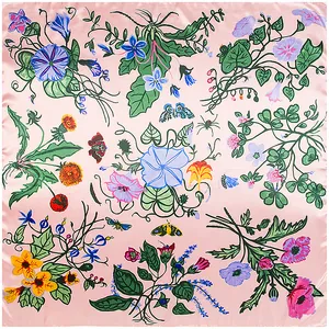 Pink satin square scarf with floral and insect prints for women, 90cm large shawl wrap